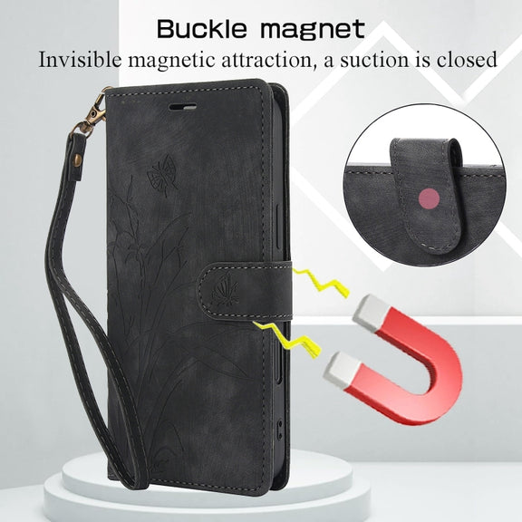 For iPhone 16 Orchid Butterfly Embossed Leather Phone Case(Black)