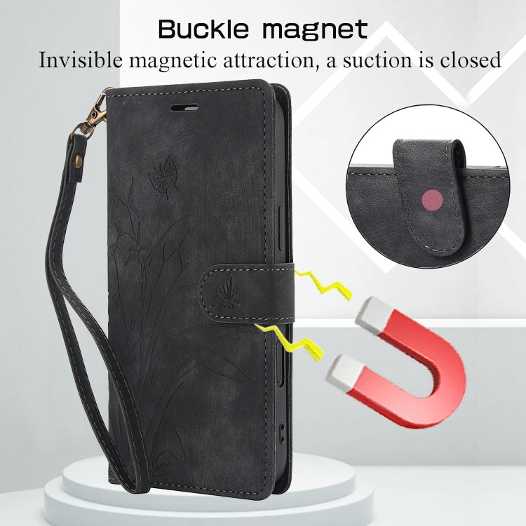 For iPhone 16 Plus Orchid Butterfly Embossed Leather Phone Case(Black)