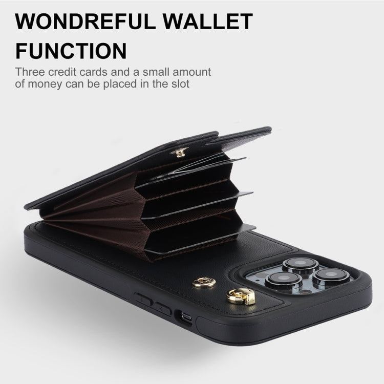 For iPhone 14 YM005 Skin Feel Card Bag Phone Case with Long Lanyard(Black)