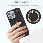 For iPhone 14 YM005 Skin Feel Card Bag Phone Case with Long Lanyard(Black)