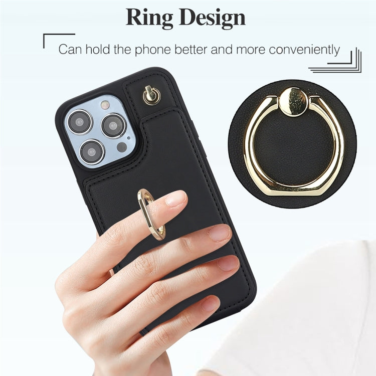 For iPhone 14 YM005 Skin Feel Card Bag Phone Case with Long Lanyard(Black)