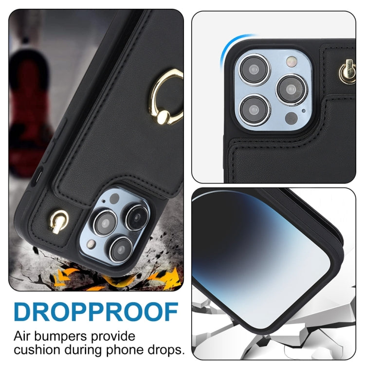 For iPhone 14 YM005 Skin Feel Card Bag Phone Case with Long Lanyard(Black)