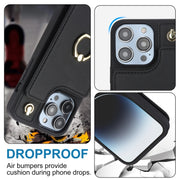 For iPhone 14 YM005 Skin Feel Card Bag Phone Case with Long Lanyard(Black)