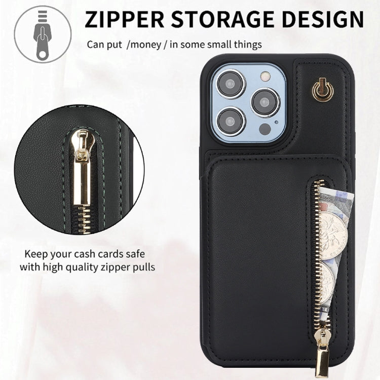 For iPhone 15 Plus YM006 Skin Feel Zipper Card Bag Phone Case with Dual Lanyard(Black)