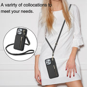 For iPhone 15 Plus YM006 Skin Feel Zipper Card Bag Phone Case with Dual Lanyard(Black)