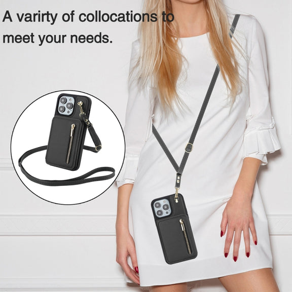 For iPhone 15 Plus YM006 Skin Feel Zipper Card Bag Phone Case with Dual Lanyard(Black)
