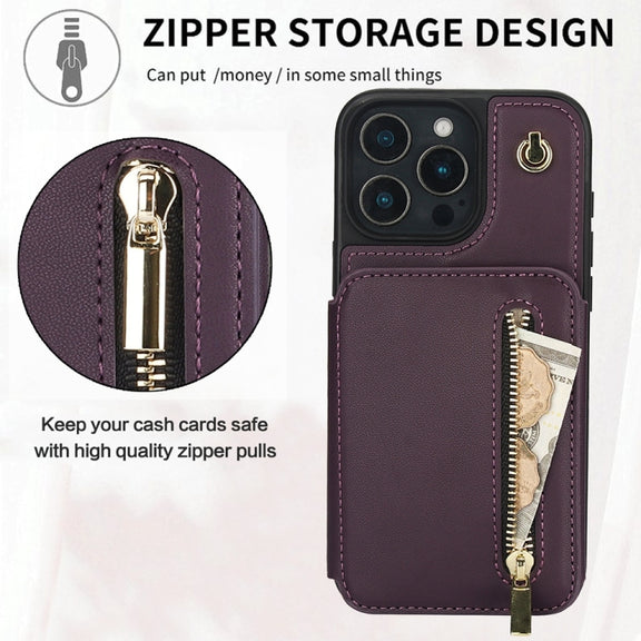 For iPhone 16 Pro Max YM006 Skin Feel Zipper Card Bag Phone Case with Dual Lanyard(Dark Purple)