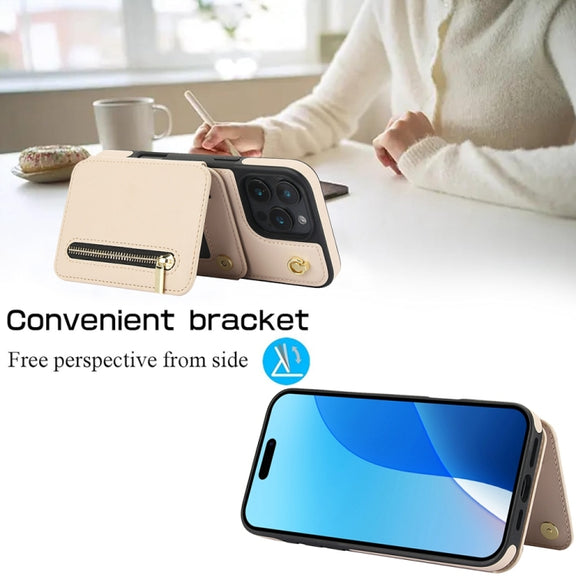 For iPhone 16 Pro Max YM006 Skin Feel Zipper Card Bag Phone Case with Dual Lanyard(Apricot)
