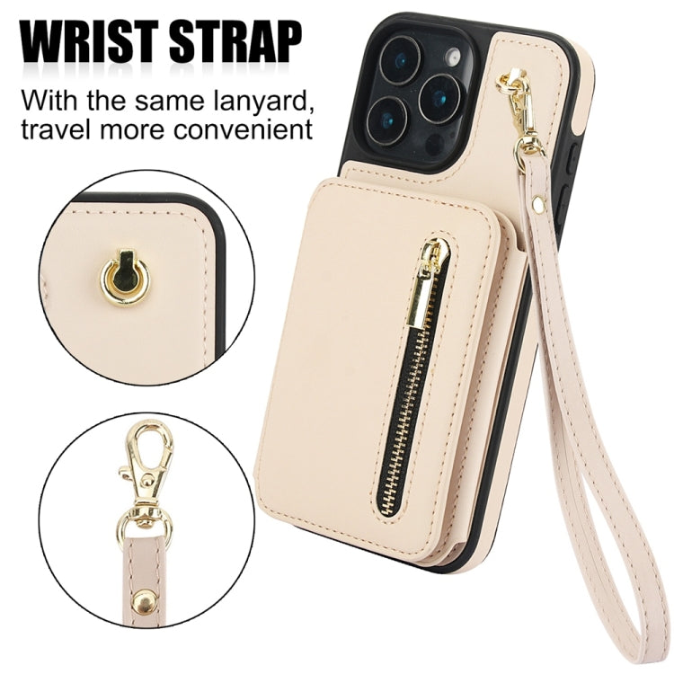 For iPhone 16 Pro Max YM006 Skin Feel Zipper Card Bag Phone Case with Dual Lanyard(Apricot)
