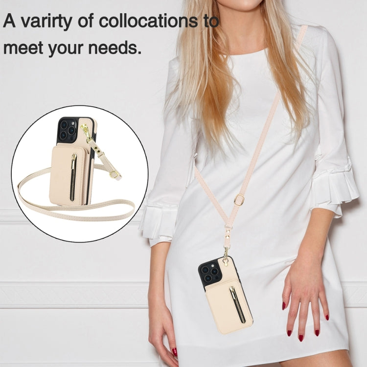 For iPhone 16 Pro Max YM006 Skin Feel Zipper Card Bag Phone Case with Dual Lanyard(Apricot)