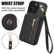 For iPhone 16 Pro Max YM006 Skin Feel Zipper Card Bag Phone Case with Dual Lanyard(Black)