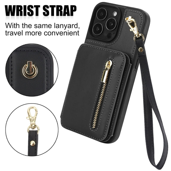 For iPhone 16 Pro Max YM006 Skin Feel Zipper Card Bag Phone Case with Dual Lanyard(Black)