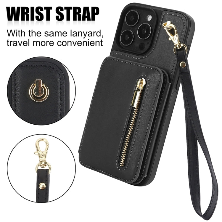 For iPhone 16 Pro Max YM006 Skin Feel Zipper Card Bag Phone Case with Dual Lanyard(Black)