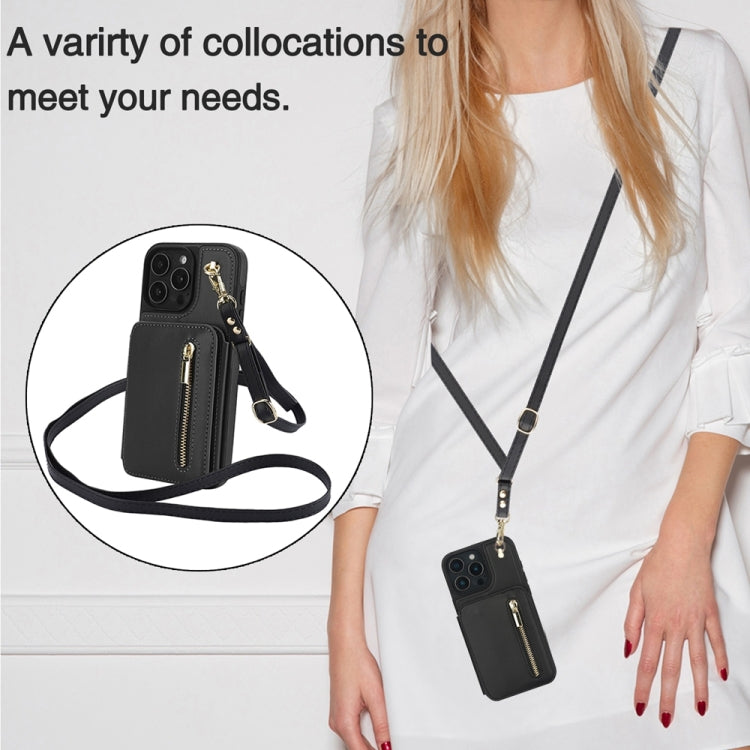 For iPhone 16 Pro Max YM006 Skin Feel Zipper Card Bag Phone Case with Dual Lanyard(Black)
