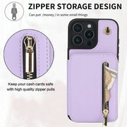 For iPhone 16 Pro Max YM006 Skin Feel Zipper Card Bag Phone Case with Dual Lanyard(Light Purple)