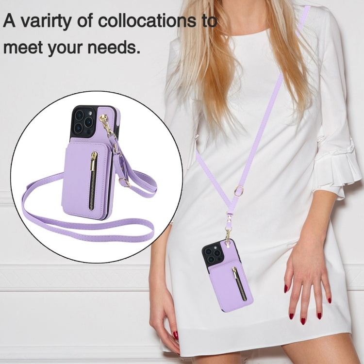 For iPhone 16 Pro Max YM006 Skin Feel Zipper Card Bag Phone Case with Dual Lanyard(Light Purple)