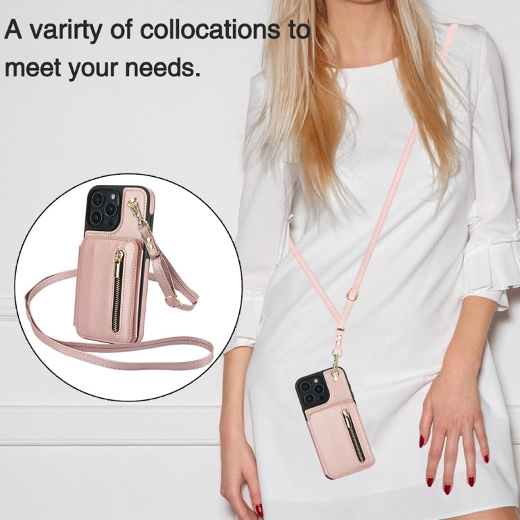 For iPhone 16 Pro Max YM006 Skin Feel Zipper Card Bag Phone Case with Dual Lanyard(Rose Gold)
