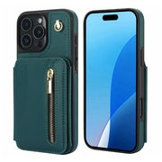 For iPhone 16 Pro Max YM006 Skin Feel Zipper Card Bag Phone Case with Dual Lanyard(Green)