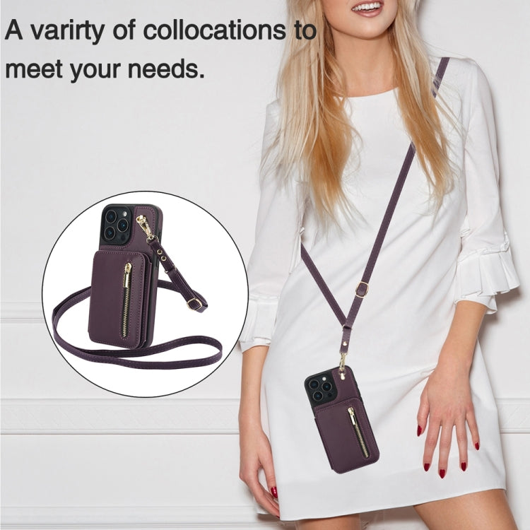 For iPhone 16 Pro YM006 Skin Feel Zipper Card Bag Phone Case with Dual Lanyard(Dark Purple)