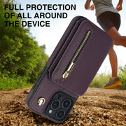 For iPhone 16 Pro YM006 Skin Feel Zipper Card Bag Phone Case with Dual Lanyard(Dark Purple)