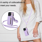 For iPhone 16 Pro YM006 Skin Feel Zipper Card Bag Phone Case with Dual Lanyard(Light Purple)
