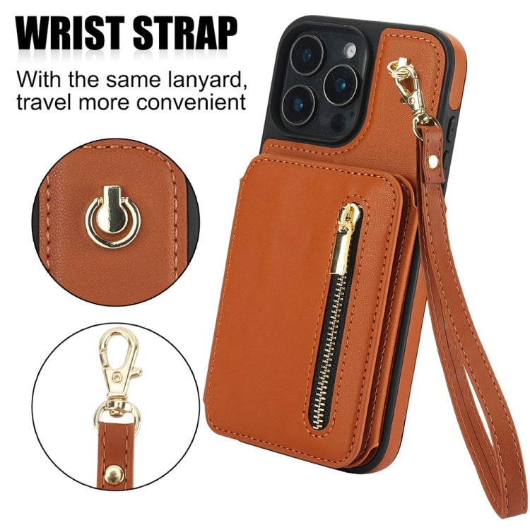 For iPhone 16 Pro YM006 Skin Feel Zipper Card Bag Phone Case with Dual Lanyard(Brown)