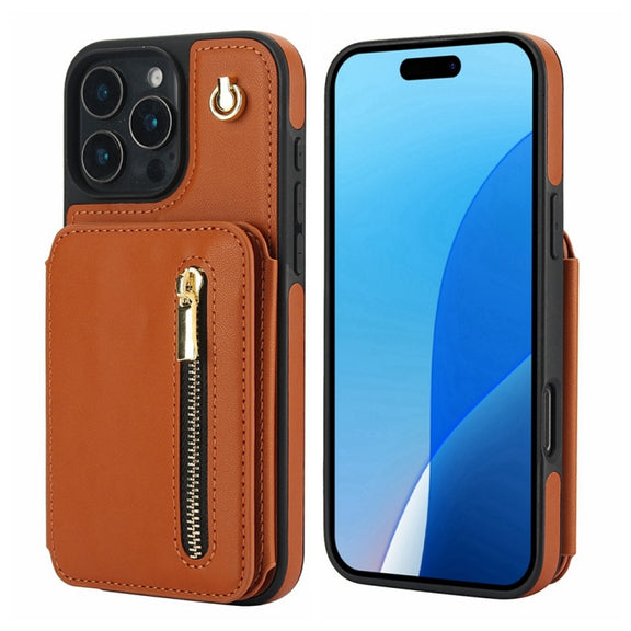 For iPhone 16 Pro YM006 Skin Feel Zipper Card Bag Phone Case with Dual Lanyard(Brown)