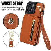 For iPhone 16 Pro YM006 Skin Feel Zipper Card Bag Phone Case with Dual Lanyard(Brown)