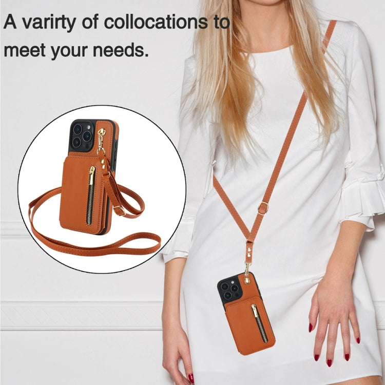 For iPhone 16 Pro YM006 Skin Feel Zipper Card Bag Phone Case with Dual Lanyard(Brown)