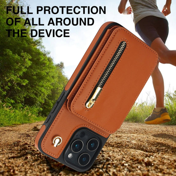 For iPhone 16 Pro YM006 Skin Feel Zipper Card Bag Phone Case with Dual Lanyard(Brown)
