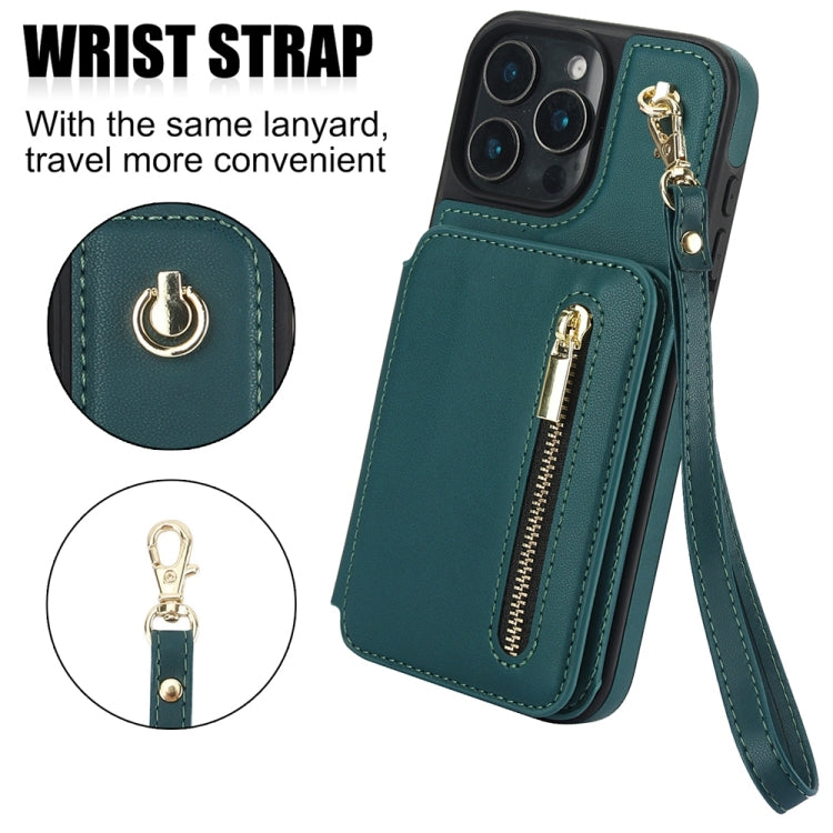 For iPhone 16 Pro YM006 Skin Feel Zipper Card Bag Phone Case with Dual Lanyard(Green)