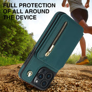 For iPhone 16 Pro YM006 Skin Feel Zipper Card Bag Phone Case with Dual Lanyard(Green)
