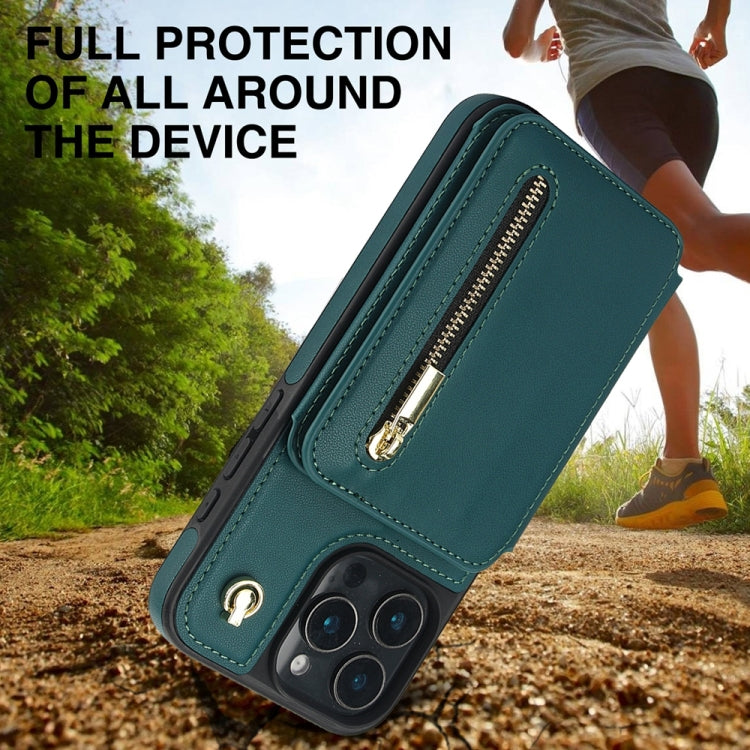 For iPhone 16 Pro YM006 Skin Feel Zipper Card Bag Phone Case with Dual Lanyard(Green)