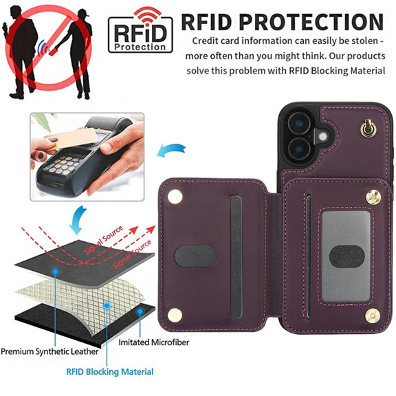 For iPhone 16 Plus YM006 Skin Feel Zipper Card Bag Phone Case with Dual Lanyard(Dark Purple)