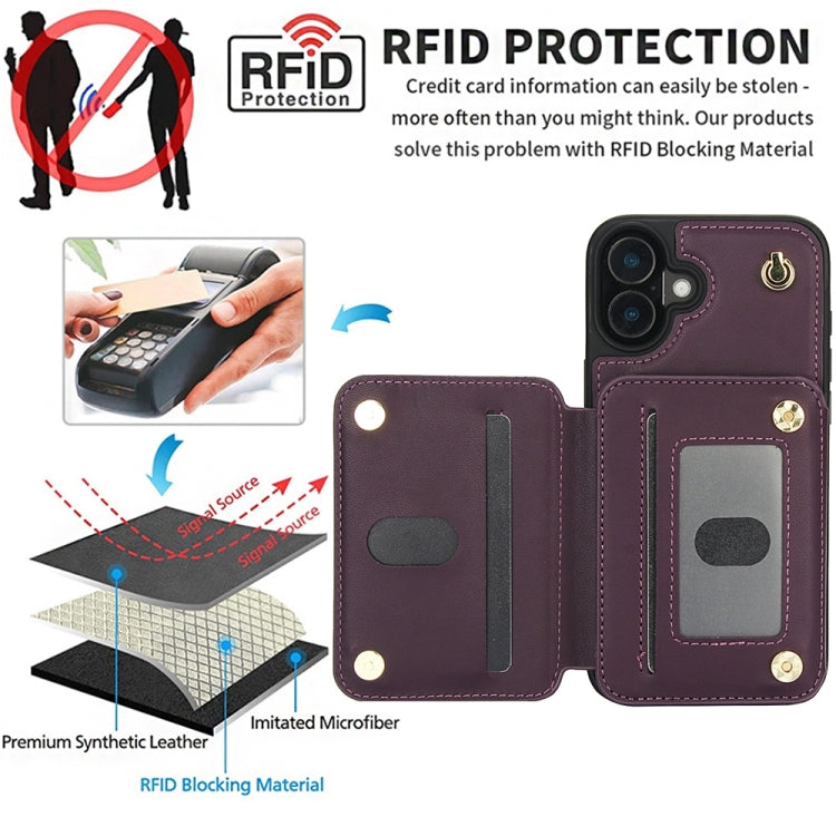 For iPhone 16 Plus YM006 Skin Feel Zipper Card Bag Phone Case with Dual Lanyard(Dark Purple)