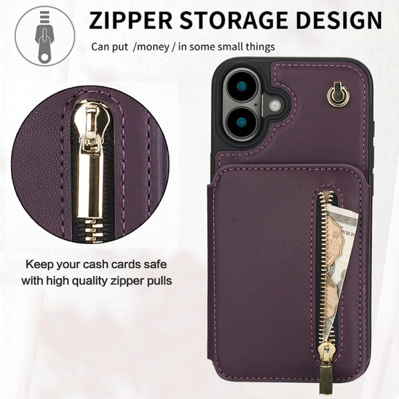 For iPhone 16 Plus YM006 Skin Feel Zipper Card Bag Phone Case with Dual Lanyard(Dark Purple)