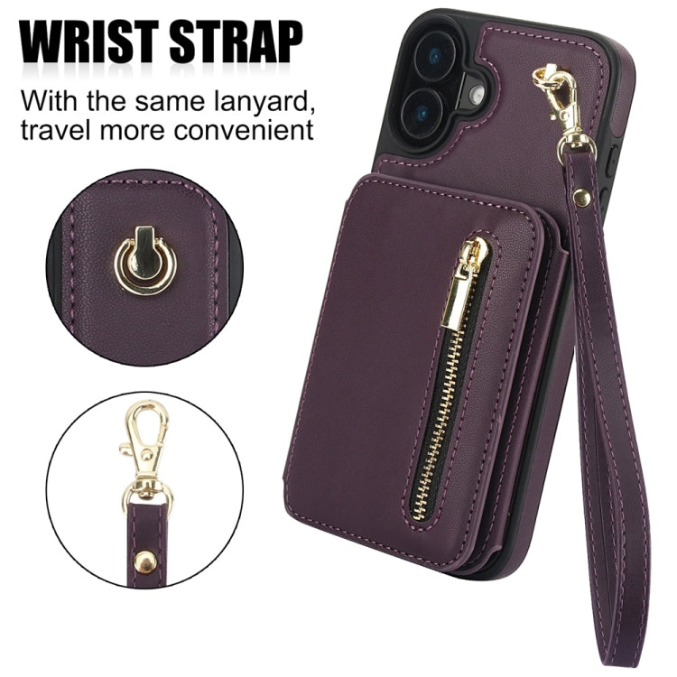For iPhone 16 Plus YM006 Skin Feel Zipper Card Bag Phone Case with Dual Lanyard(Dark Purple)
