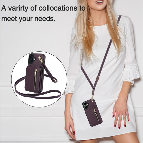 For iPhone 16 Plus YM006 Skin Feel Zipper Card Bag Phone Case with Dual Lanyard(Dark Purple)