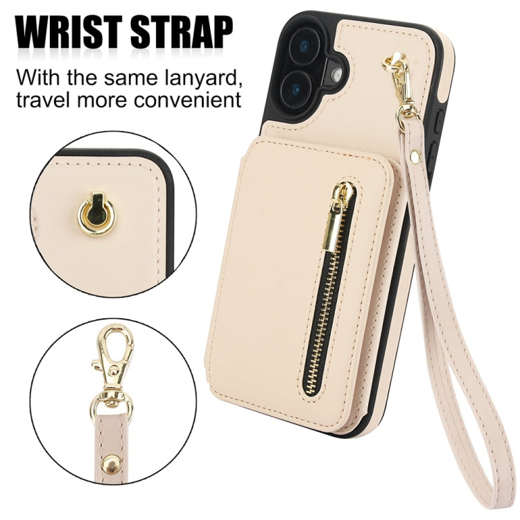 For iPhone 16 Plus YM006 Skin Feel Zipper Card Bag Phone Case with Dual Lanyard(Apricot)