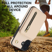 For iPhone 16 Plus YM006 Skin Feel Zipper Card Bag Phone Case with Dual Lanyard(Apricot)
