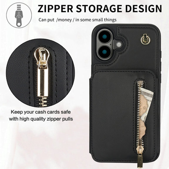 For iPhone 16 Plus YM006 Skin Feel Zipper Card Bag Phone Case with Dual Lanyard(Black)