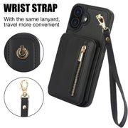 For iPhone 16 Plus YM006 Skin Feel Zipper Card Bag Phone Case with Dual Lanyard(Black)