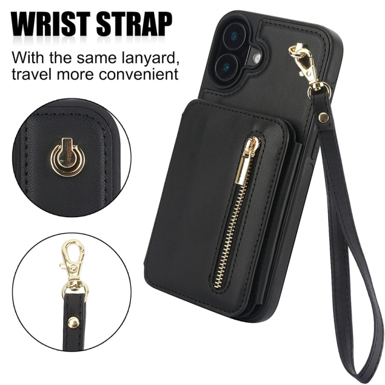 For iPhone 16 Plus YM006 Skin Feel Zipper Card Bag Phone Case with Dual Lanyard(Black)