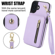 For iPhone 16 Plus YM006 Skin Feel Zipper Card Bag Phone Case with Dual Lanyard(Light Purple)