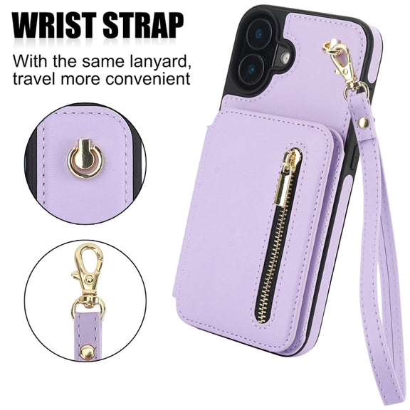 For iPhone 16 Plus YM006 Skin Feel Zipper Card Bag Phone Case with Dual Lanyard(Light Purple)