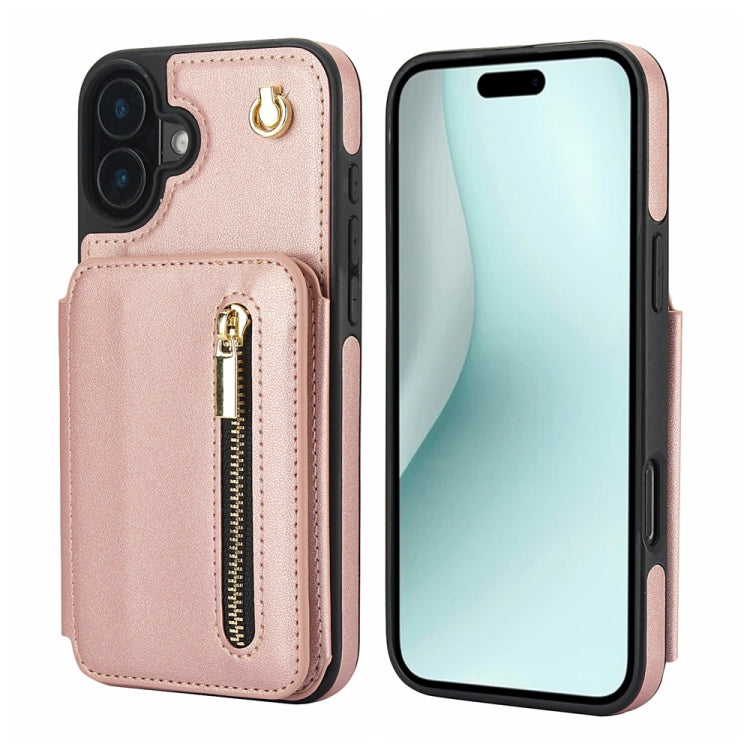 For iPhone 16 Plus YM006 Skin Feel Zipper Card Bag Phone Case with Dual Lanyard(Rose Gold)