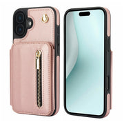 For iPhone 16 Plus YM006 Skin Feel Zipper Card Bag Phone Case with Dual Lanyard(Rose Gold)