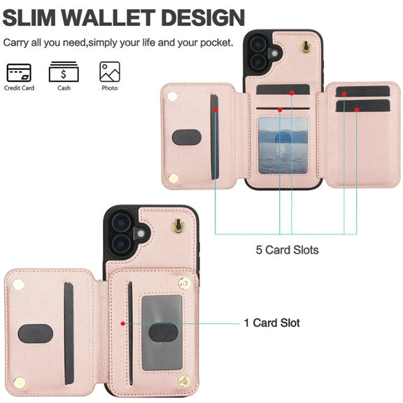 For iPhone 16 Plus YM006 Skin Feel Zipper Card Bag Phone Case with Dual Lanyard(Rose Gold)