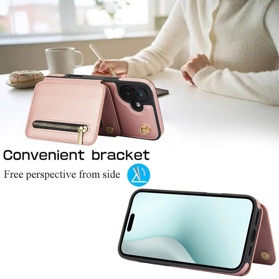 For iPhone 16 Plus YM006 Skin Feel Zipper Card Bag Phone Case with Dual Lanyard(Rose Gold)