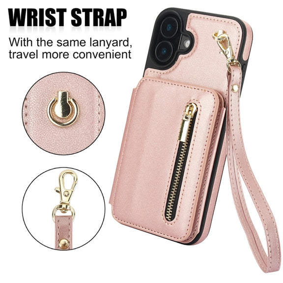 For iPhone 16 Plus YM006 Skin Feel Zipper Card Bag Phone Case with Dual Lanyard(Rose Gold)